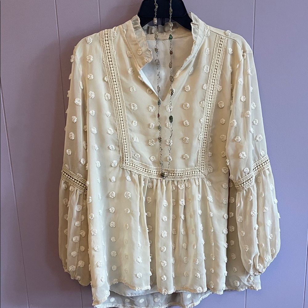 Cream Swiss Dot Peasant Tunic Blouse - Lightweight Women's Top